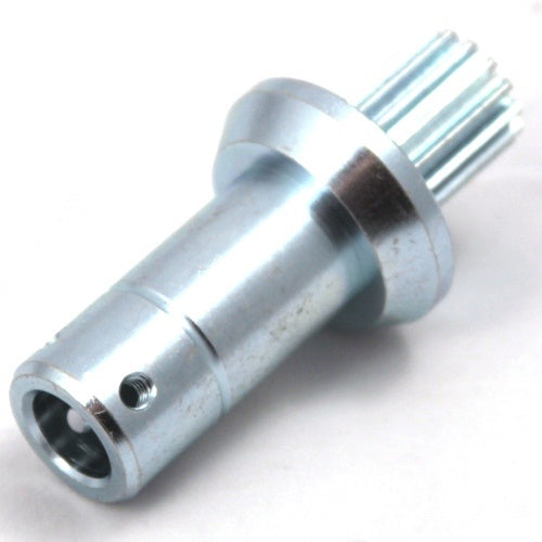Close-up image of a shiny metal gear component with teeth and a cylindrical body, identified as Minn Kota TOP BEARING RACE/PINION DRIVE P/N: 2996247, used in fishing tackle and marine electronics.