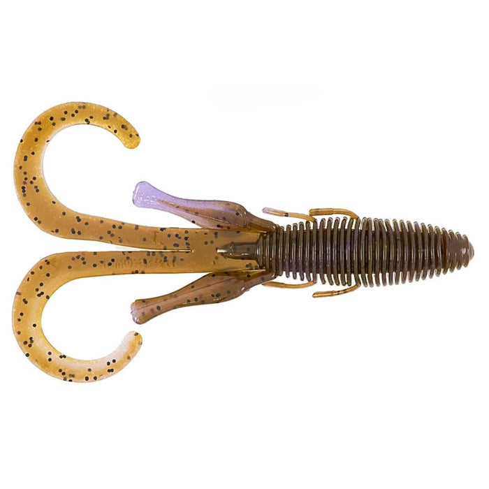 Close-up of a Missile Baits D Stroyer fishing lure in brown with black speckles, featuring a ribbed body, twin curled tails, and flexible appendages designed for lifelike movement in water.