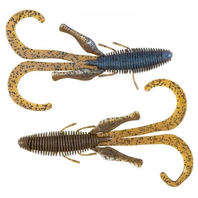 Two soft plastic fishing lures in natural brown and blue tones with speckled tails and ribbed bodies, designed to resemble aquatic creatures, shown as Missile Baits D Stroyer for fishing tackle.