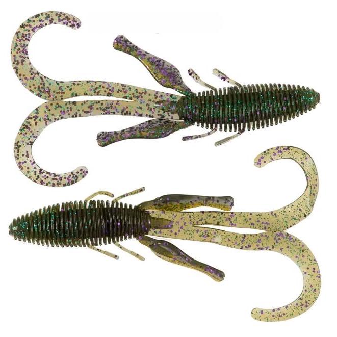 Two soft plastic fishing lures in green and purple hues with ribbed bodies and multiple curly tails designed for freshwater fishing featuring the Missile Baits D Stroyer.