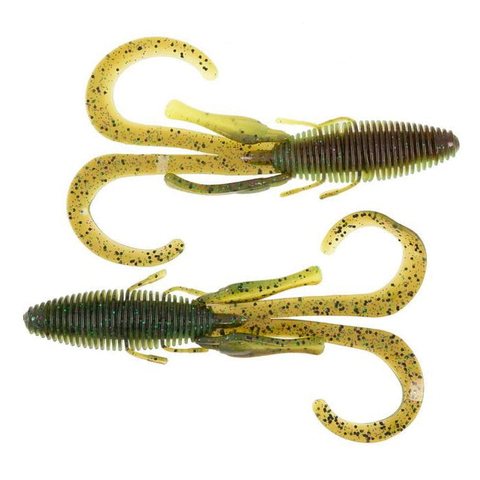 Two green and yellow soft plastic fishing lures with ribbed bodies and multiple curly appendages, designed for musky fishing, labeled Missile Baits D Stroyer.