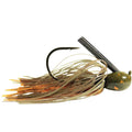 Missile Baits Ike's Mini Flip Jig fishing lure with a detailed hook, olive green weighted head, and multi-colored soft plastic skirt designed for fishing tackle enthusiasts.
