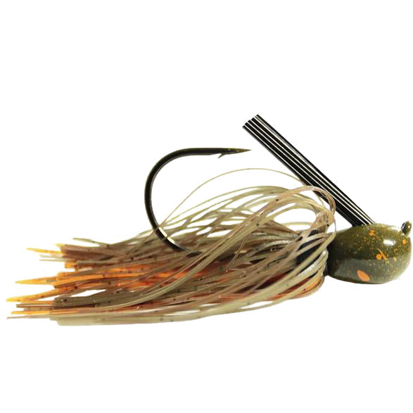 Missile Baits Ike's Mini Flip Jig fishing lure with a detailed hook, olive green weighted head, and multi-colored soft plastic skirt designed for fishing tackle enthusiasts.