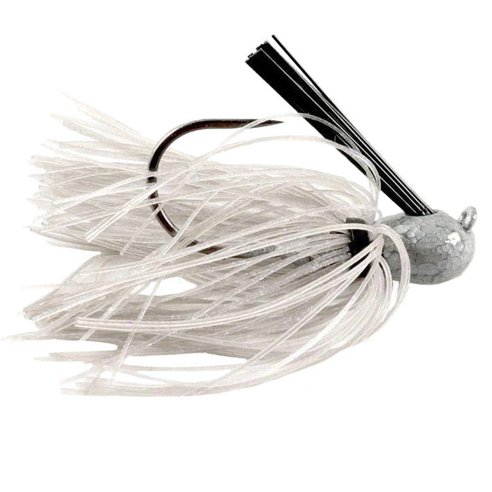 Missile Baits Ike's Mini Flip Jig fishing lure with silver-gray head, white silicone skirt, sharp hook, and weed guard designed for effective fishing tackle use.