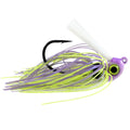 Missile Baits Ike's Mini Swim Jig fishing lure with a purple and chartreuse skirt, detailed jig head, sharp black hook, and white weed guard for effective fishing tackle.