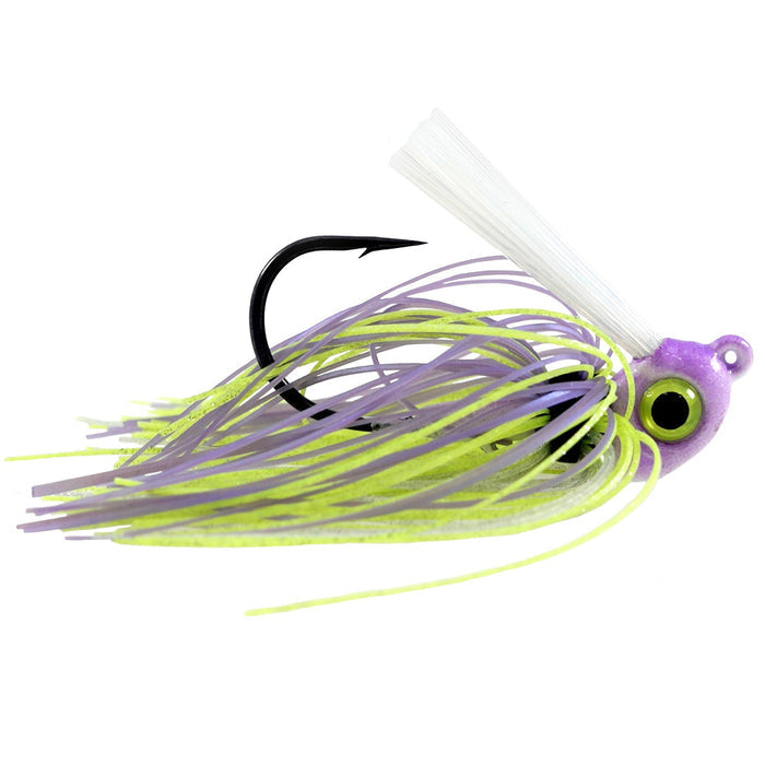 Missile Baits Ike's Mini Swim Jig fishing lure with a purple and chartreuse skirt, detailed jig head, sharp black hook, and white weed guard for effective fishing tackle.