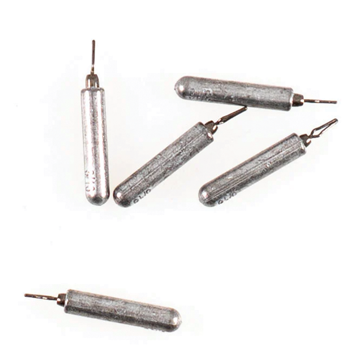 Five cylindrical metal fishing weights with attached wire loops, identified as Missile Baits Rattle Shot Weights, designed for fishing tackle applications.