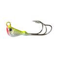 Mission Tackle Grabber Jig fishing lure featuring a small, detailed fish-shaped head in yellow and white with red accents and a sharp double hook designed for effective fishing tackle use.