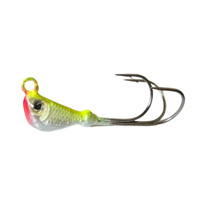 Mission Tackle Grabber Jig fishing lure featuring a small, detailed fish-shaped head in yellow and white with red accents and a sharp double hook designed for effective fishing tackle use.