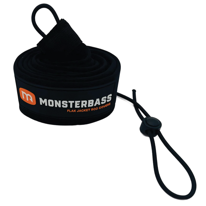 Black Monsterbass flak jacket rod cover with a lanyard on a white background