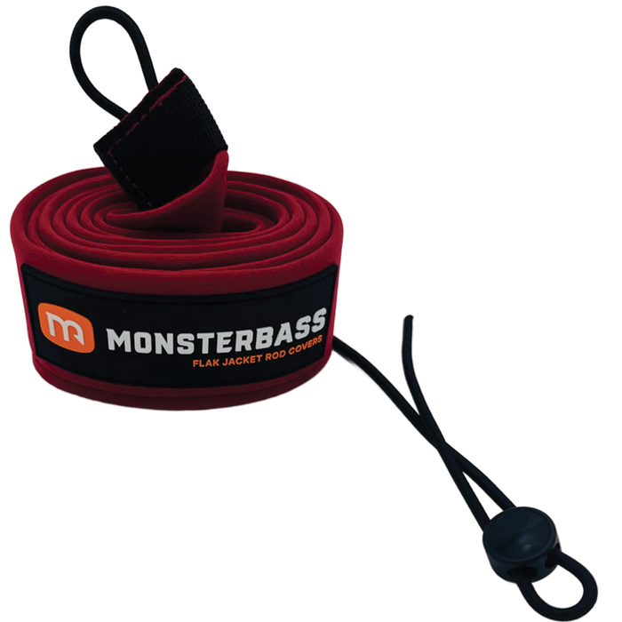 Red flak jacket rod cover with Monsterbass logo on a white background