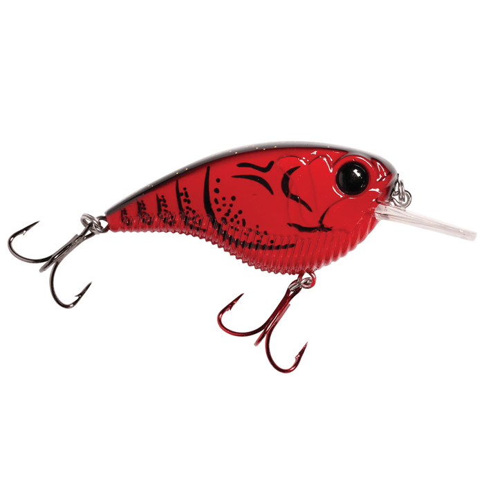 Monsterbass Flatline fishing lure in red and black with textured body, detailed fish design, and two treble hooks, designed for effective fishing tackle use.