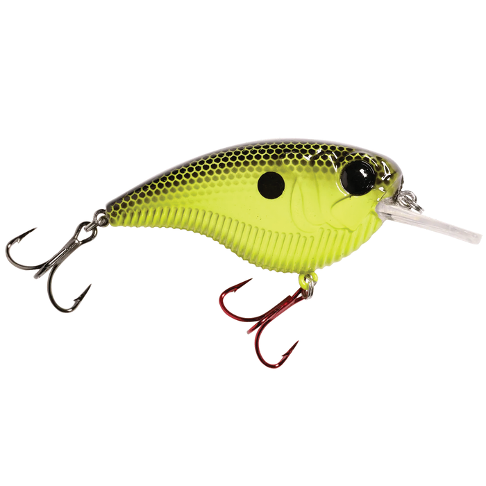 Monsterbass Flatline fishing lure in chartreuse and black with realistic scale pattern and two treble hooks designed for freshwater fishing.