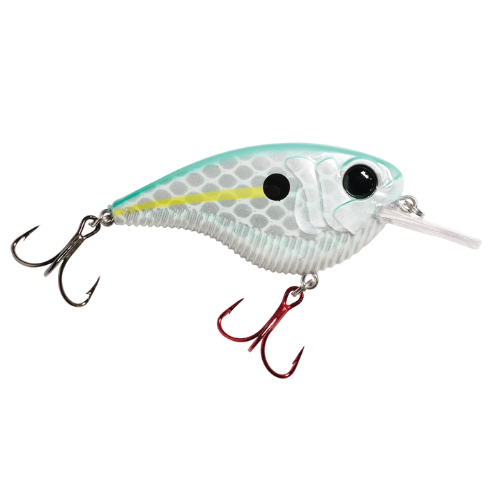 Monsterbass Flatline fishing lure featuring a compact crankbait design with detailed fish scale pattern, two treble hooks, and a clear diving lip for effective fishing tackle use.