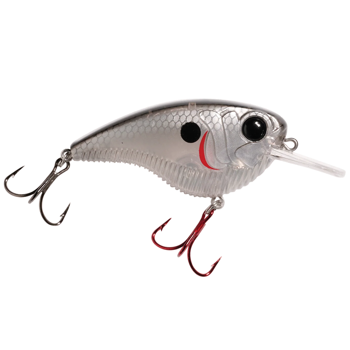Clear silver and gray fishing lure with black and red markings, equipped with two treble hooks, designed for use with Monsterbass Flatline fishing tackle.