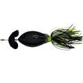 Black and chartreuse fishing lure on a white background