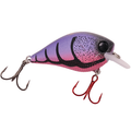 Monsterbass Little Banger fishing lure in purple and pink with black stripes, featuring two treble hooks and a small clear diving lip for freshwater fishing.