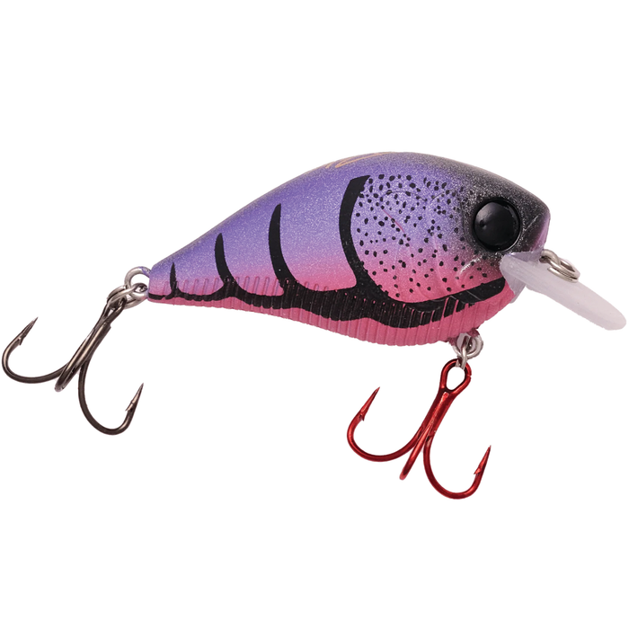 Monsterbass Little Banger fishing lure in purple and pink with black stripes, featuring two treble hooks and a small clear diving lip for freshwater fishing.