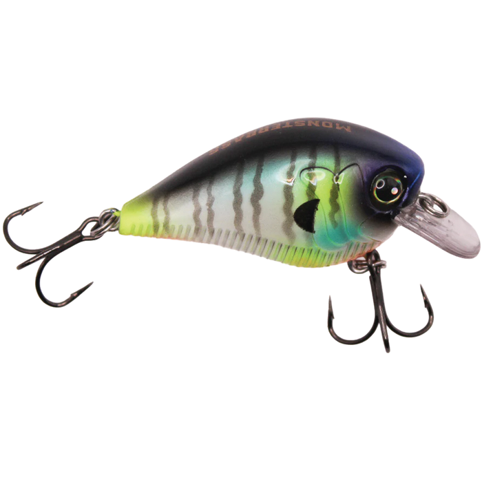 Monsterbass Little Banger fishing lure in vibrant green and gray tones with black stripes, featuring two sharp treble hooks and a clear plastic diving lip for underwater action.