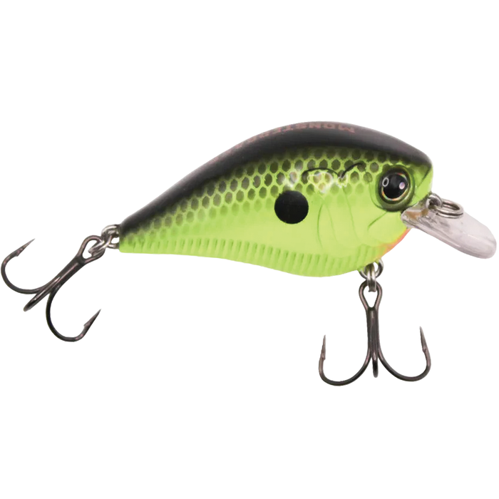 Monsterbass Little Banger fishing lure in green and black with scale pattern, two treble hooks, and a clear plastic lip designed for attracting fish.