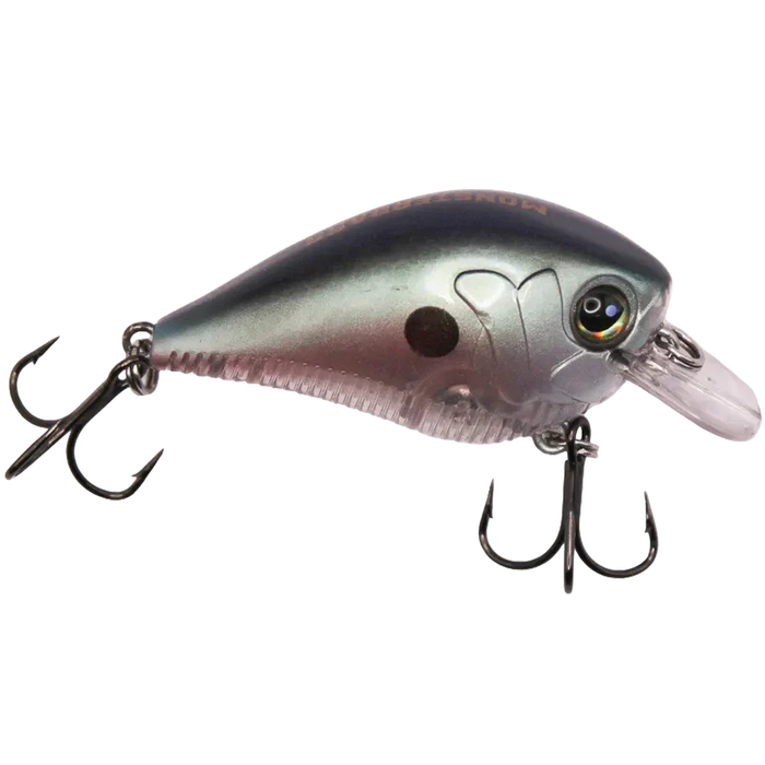 Monsterbass Little Banger fishing lure in metallic silver and purple hues with two treble hooks designed for freshwater fishing tackle.