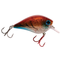 Close-up of a Monsterbass Squarebanger fishing lure with a reddish-brown and blue body, featuring two treble hooks and a clear diving lip designed for freshwater fishing.