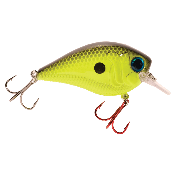 Monsterbass Squarebanger fishing lure in bright yellow and green with black spot, featuring two treble hooks and lifelike blue eye for attracting musky and freshwater fish.