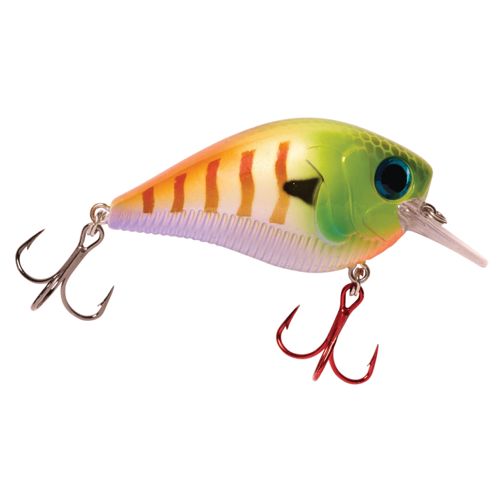 Monsterbass Squarebanger fishing lure with vibrant green, yellow, and orange body, black stripes, and two treble hooks for effective fishing tackle use.