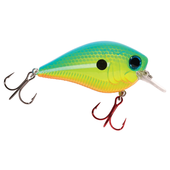 Brightly colored Monsterbass Squarebanger fishing lure with blue-green and yellow body, detailed scale pattern, two treble hooks, and a clear diving lip for freshwater fishing.