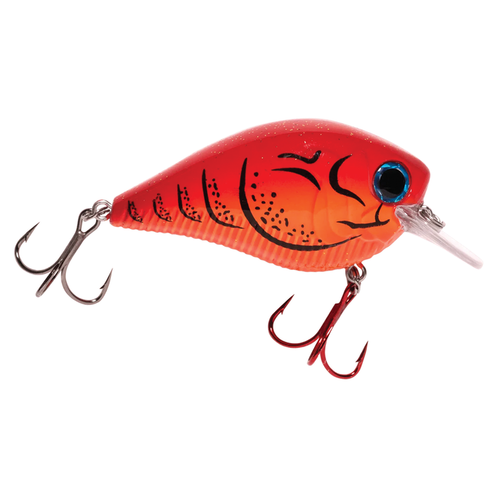 Monsterbass Squarebanger fishing lure in bright red and orange with detailed black markings, two treble hooks, and a clear plastic diving lip for freshwater fishing tackle.