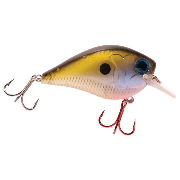 Monsterbass Squarebanger fishing lure in yellow and gray with blue eye and two treble hooks, designed for attracting musky and other freshwater fish.