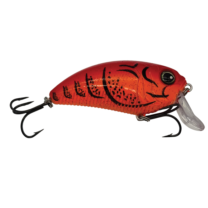 Monsterbass Super Freak fishing lure in vibrant red with black markings, featuring two sharp treble hooks and a clear diving lip for effective musky fishing tackle.