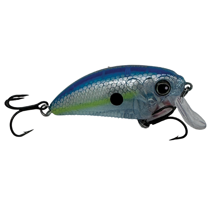 Monsterbass Super Freak fishing lure with blue and silver scale pattern, realistic eyes, and two sharp treble hooks designed for effective fishing tackle use.
