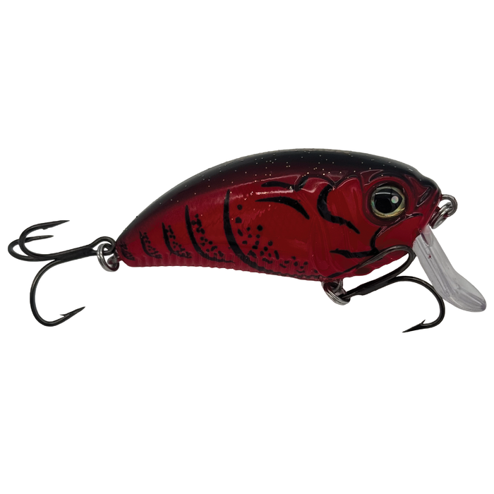 Monsterbass Super Freak fishing lure in red and black with lifelike fish design, featuring two sharp treble hooks and a clear diving lip for effective fishing tackle.