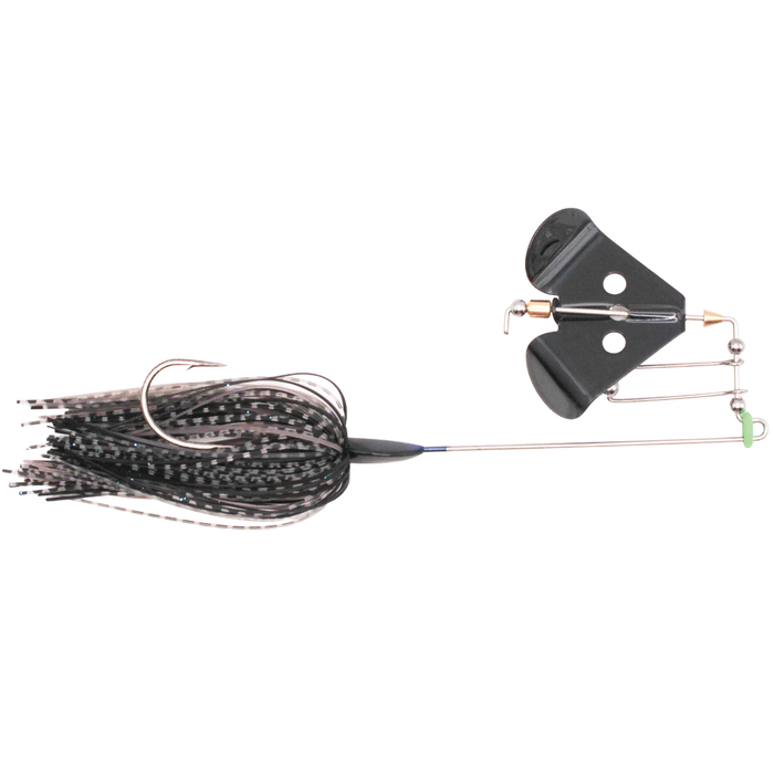 Fishing lure with a black and silver skirt on a white background