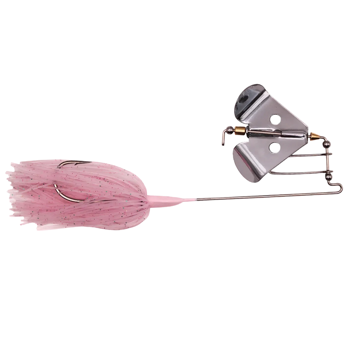 Pink fishing lure with a metal hook on a white background