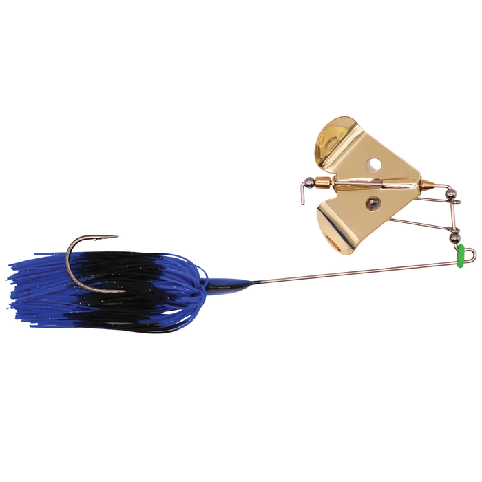 Fishing lure with blue and black and gold blade on a white background
