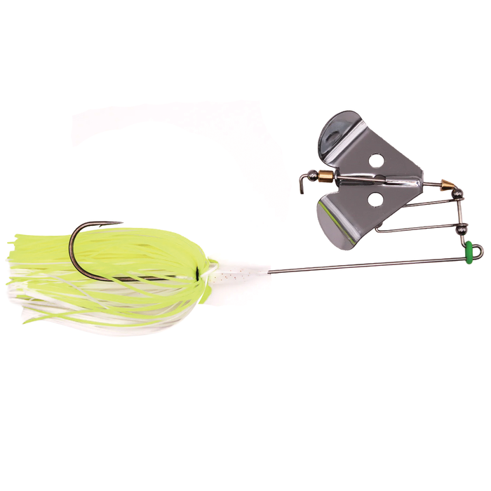 Fishing lure with a silver blade on a white background