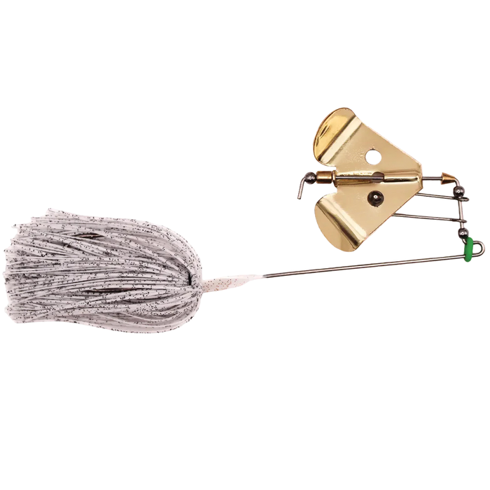 White lure with gold blade on white background