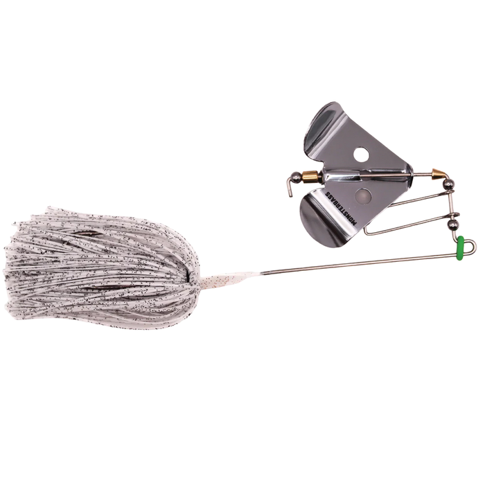 White lure with silver blade on a white background