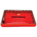 Orange tackle box with 'Monsterbass' branding on a white background