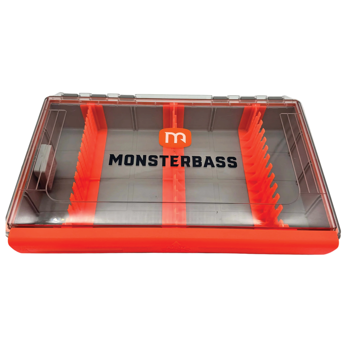 Monsterbass tackle box with orange and clear design on a white background