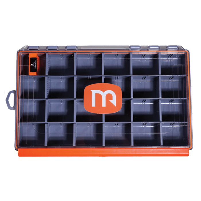 Tackle box with compartments and a visible brand logo on a white background
