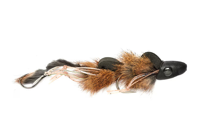 Mousey McMouseface fishing lure designed to mimic a small mouse with brown fur, black head, and detailed tail elements for use as fishing tackle in musky fishing.