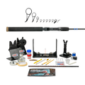 Mud Hole All-in-One Rod Building Kit (Spinning) featuring a spinning rod handle, guides, reel seat, thread, epoxy, tools, and assembly stands for custom fishing rod construction and repair.