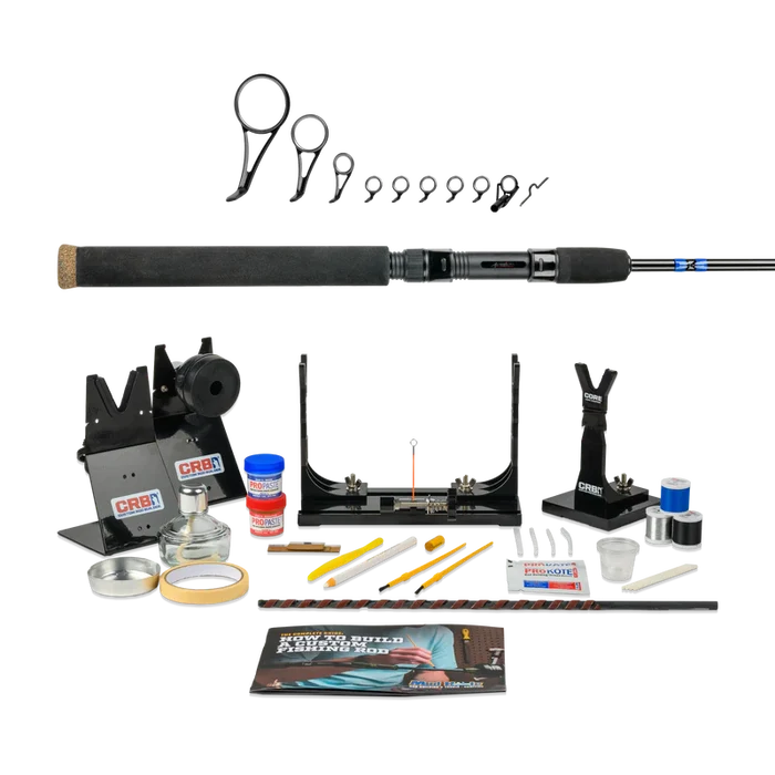 Mud Hole All-in-One Rod Building Kit (Spinning) featuring a spinning rod handle, guides, reel seat, thread, epoxy, tools, and assembly stands for custom fishing rod construction and repair.