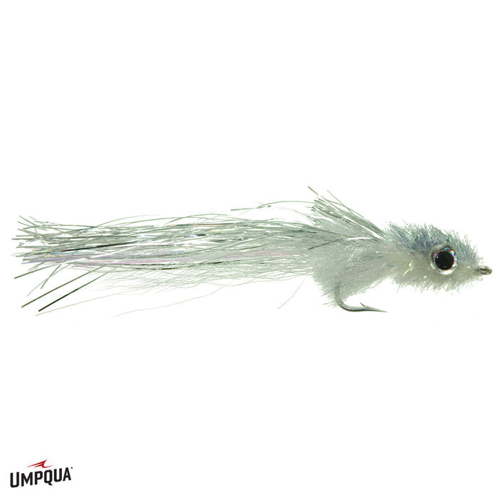 Murdich Minnow #1/0 fishing lure with a silver-gray synthetic body, realistic eyes, and delicate fiber tail designed for mimicking small baitfish in fishing tackle.