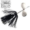 Musky Frenzy The Ringer 8 spinnerbait lure with silver blades and black skirt, designed for musky fishing, shown with Thorne Bros logo in background.
