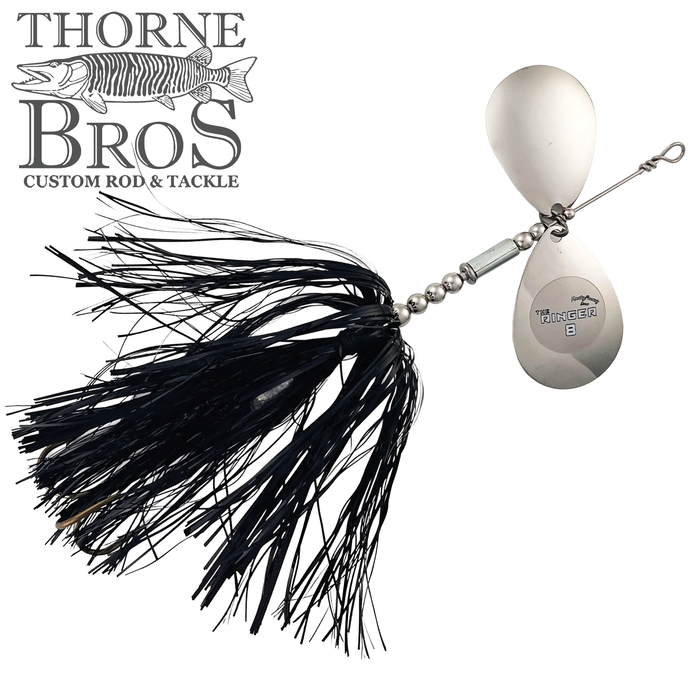 Musky Frenzy The Ringer 8 spinnerbait lure with silver blades and black skirt, designed for musky fishing, shown with Thorne Bros logo in background.