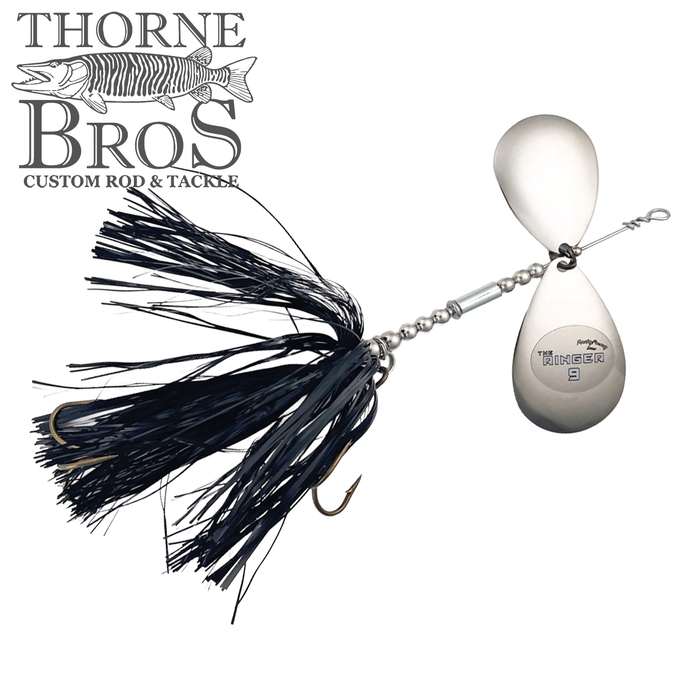 Musky Frenzy The Ringer 9 fishing lure with black skirt, two silver spinner blades, and sharp hook designed for musky fishing, displayed on a white background.